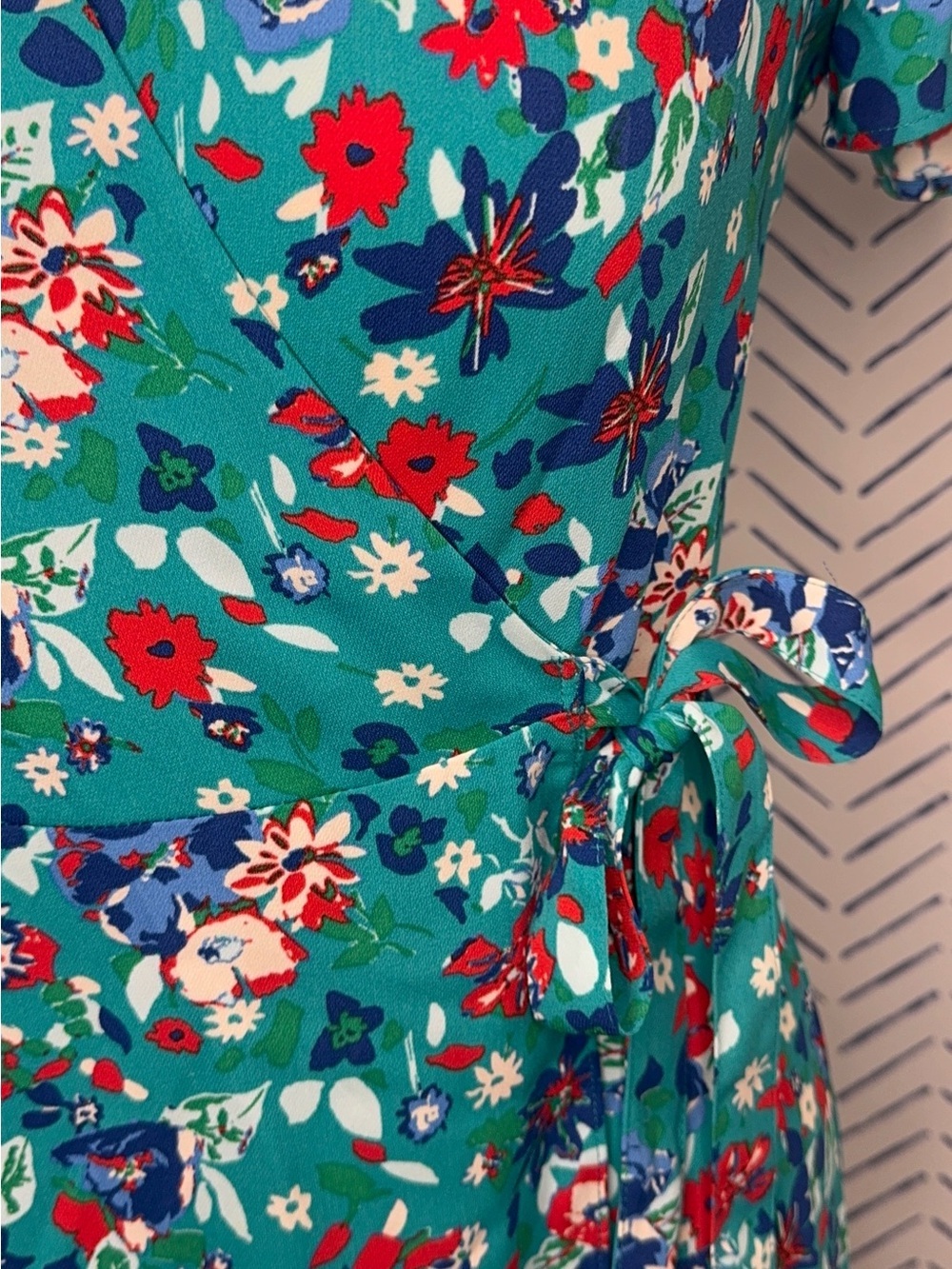J.Crew Factory Teal Floral Wrap Mini Dress Size Small - Picture 3 of 9